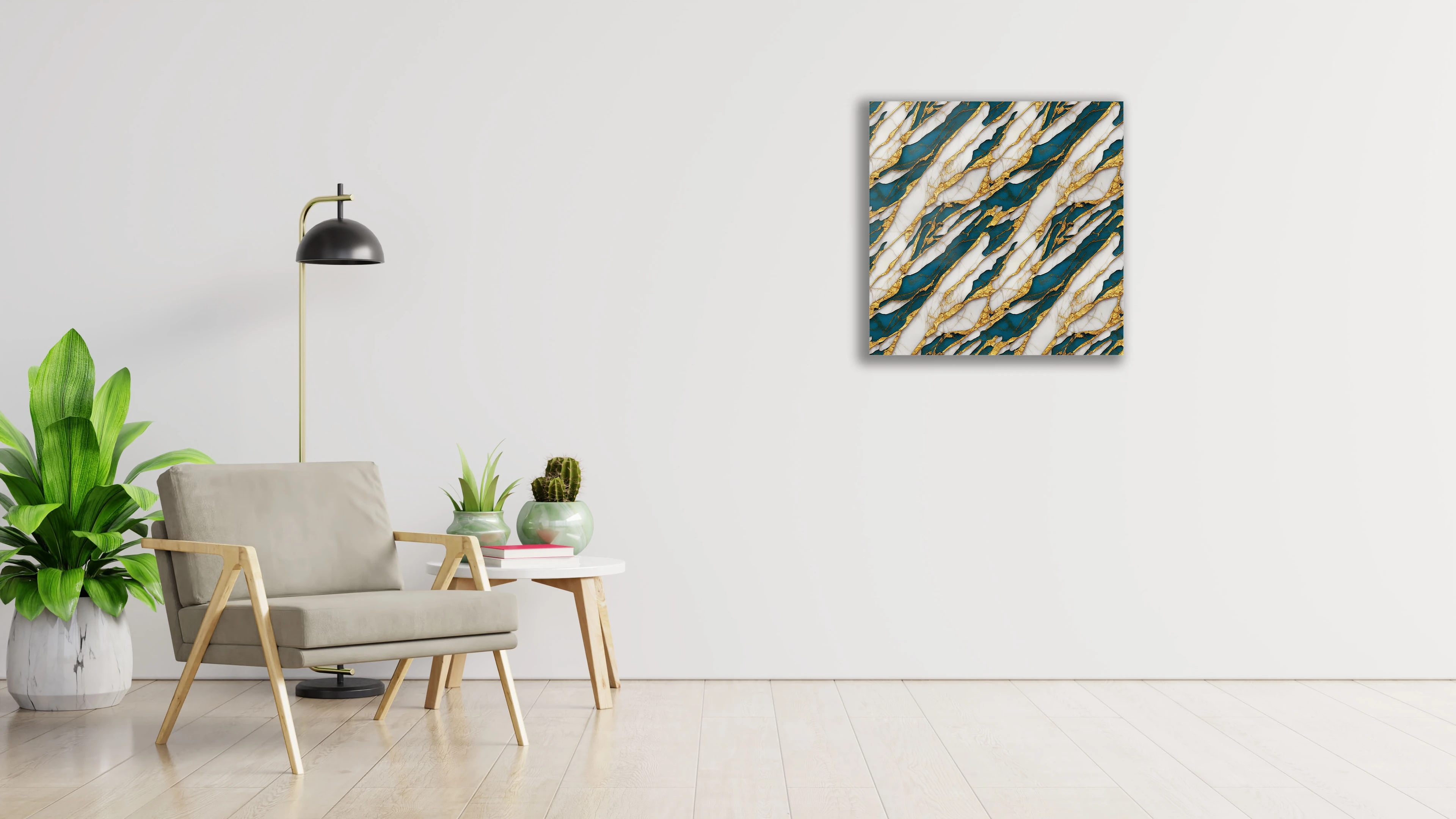 Mavi Altın ve Beyaz Desen Mermer Makro Cam Tablo